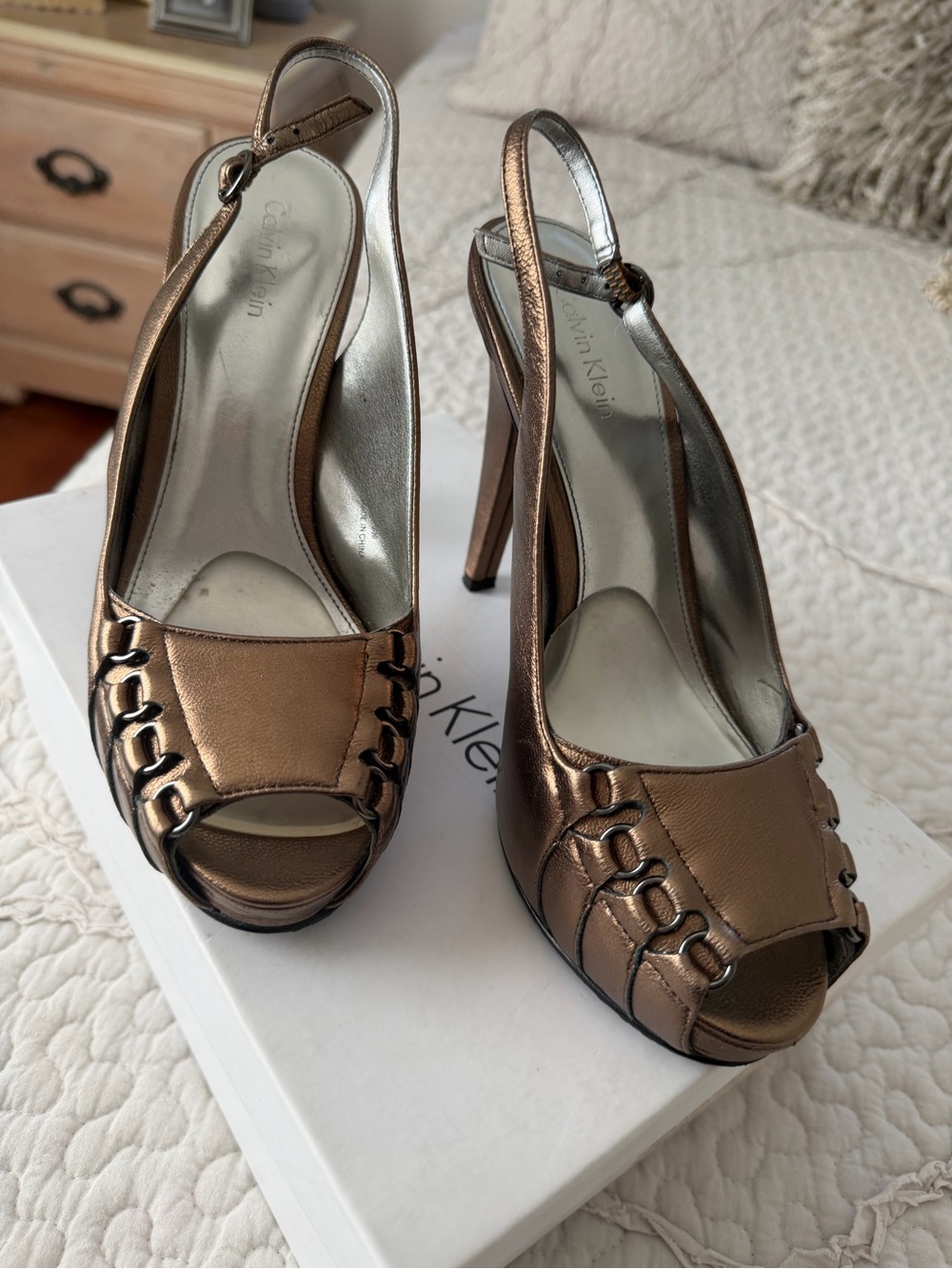 Calvin Klein Metallic Bronze Peep-Toe Slingback Heels